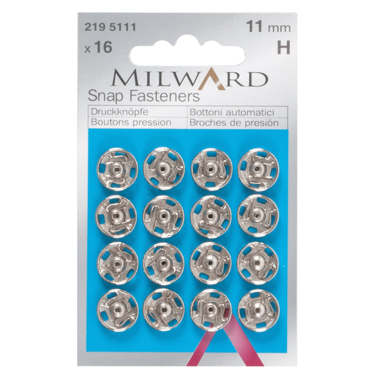 Card of silver 11mm sew-on snap fasteners
