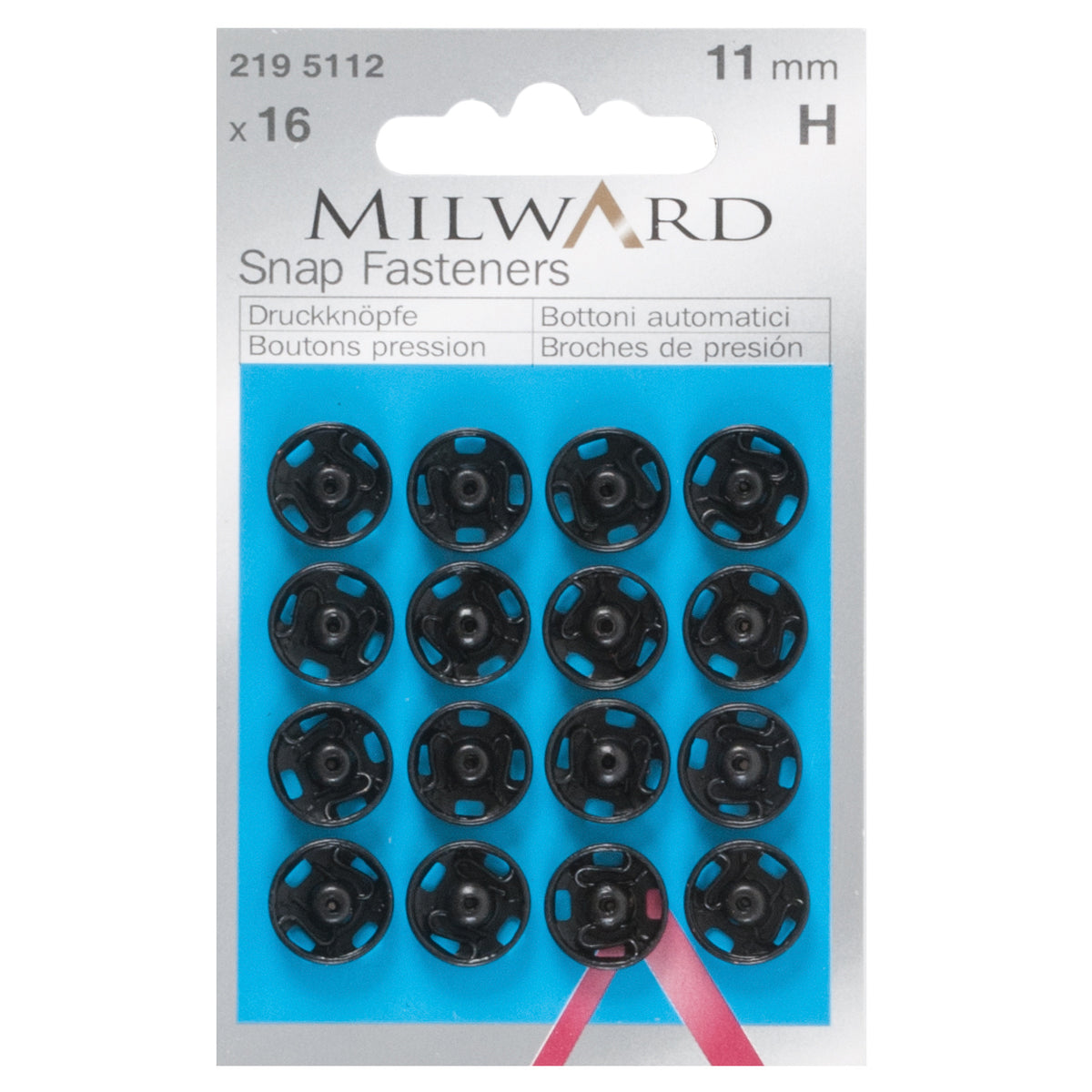 Card of black 11mm sew-on snap fasteners