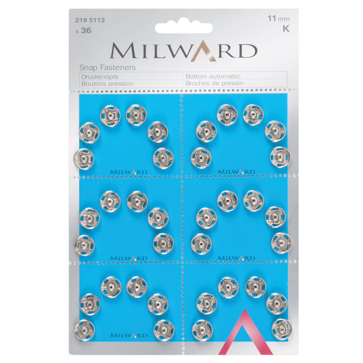 Card of silver 11mm sew-on snap fasteners
