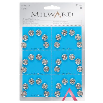 Card of silver 11mm sew-on snap fasteners