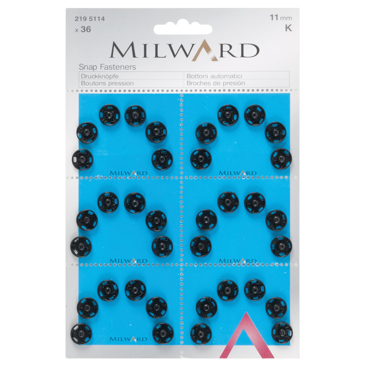 Card of black 11mm sew-on snap fasteners
