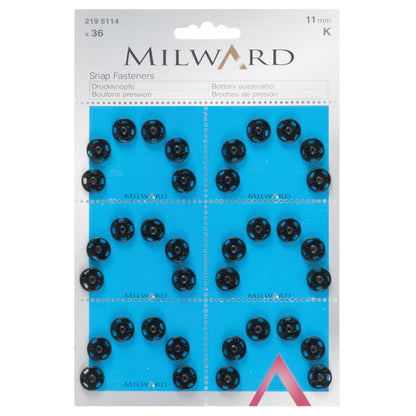 Card of black 11mm sew-on snap fasteners