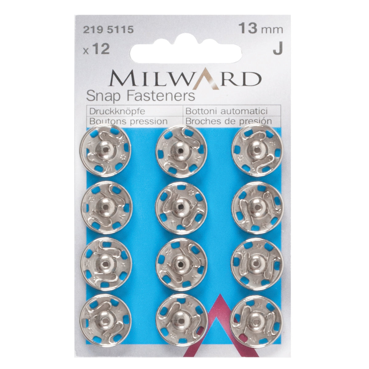 Card of silver 13mm sew-on snap fasteners