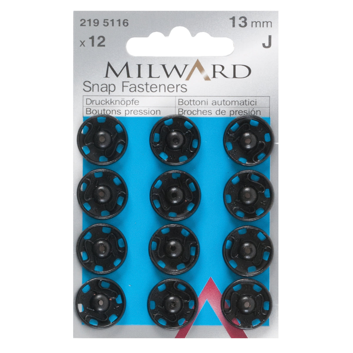 Card of black 13mm sew-on snap fasteners