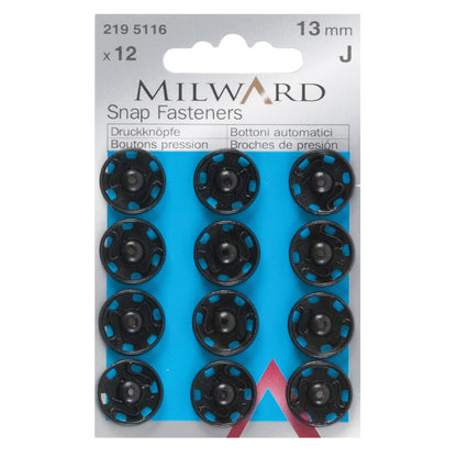 Card of black 13mm sew-on snap fasteners