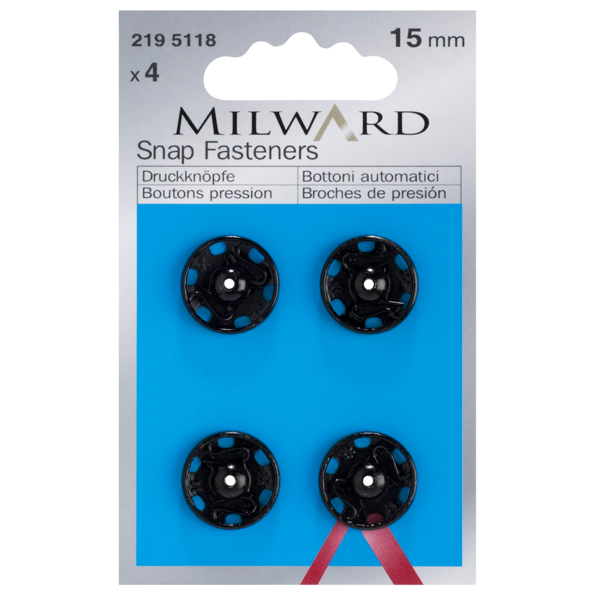 Pack of 4 black sew-on snap fasteners, 15mm on a Milward card