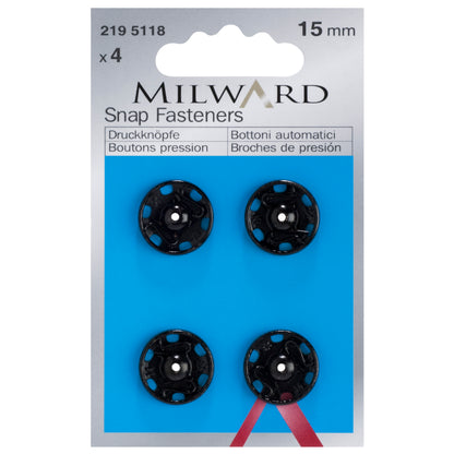Pack of 4 black sew-on snap fasteners, 15mm on a Milward card