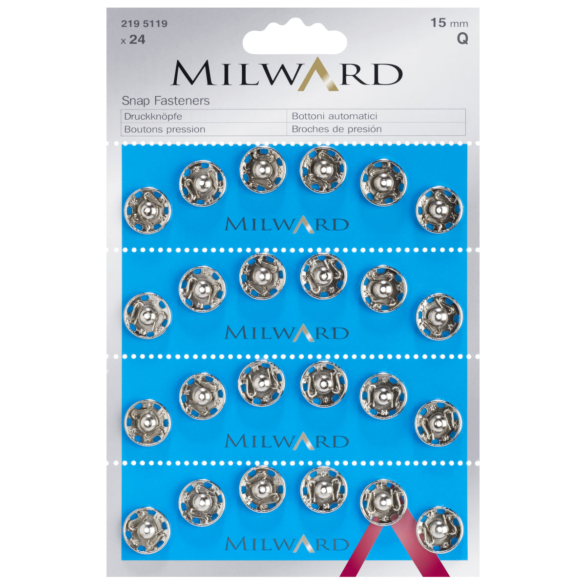 Pack of 24 silver sew-on snap fasteners, 15mm on a Milward card