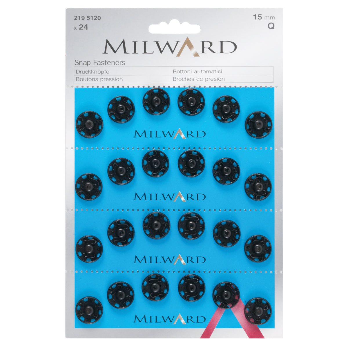 Pack of 24 black sew-on snap fasteners, 15mm on a Milward card