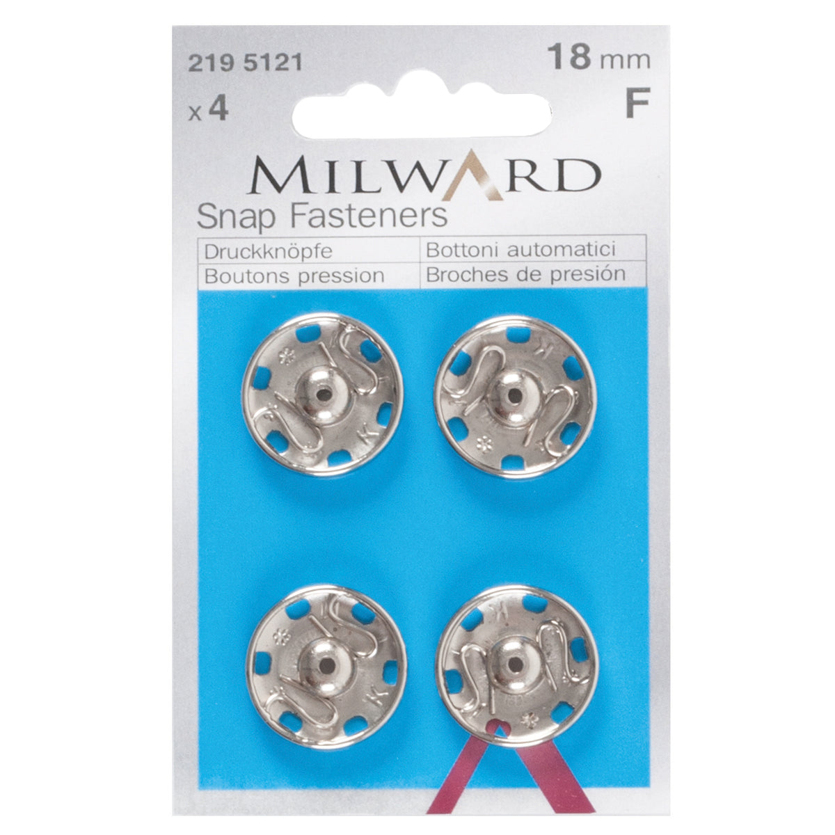 Pack of 4 silver sew-on snap fasteners, 18mm on a Milward card