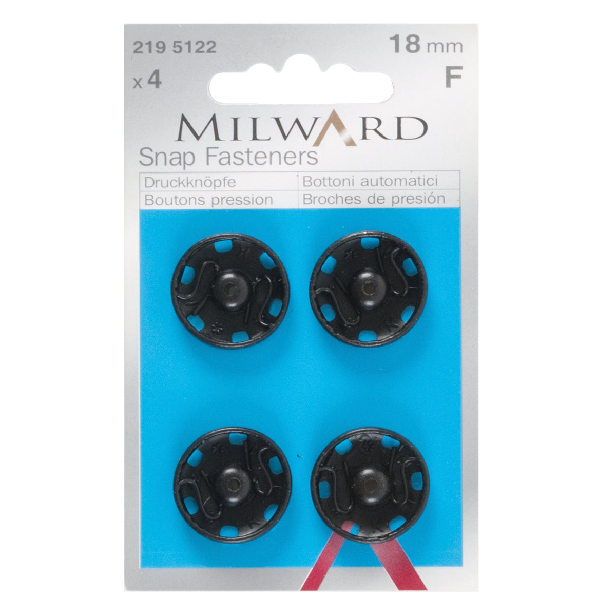 Pack of 4 black sew-on snap fasteners, 18mm on a Milward card