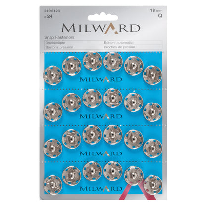 Pack of 24 silver sew-on snap fasteners, 18mm on a Milward card