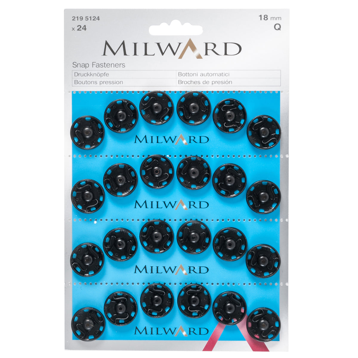 Pack of 24 black sew-on snap fasteners, 18mm on a Milward card