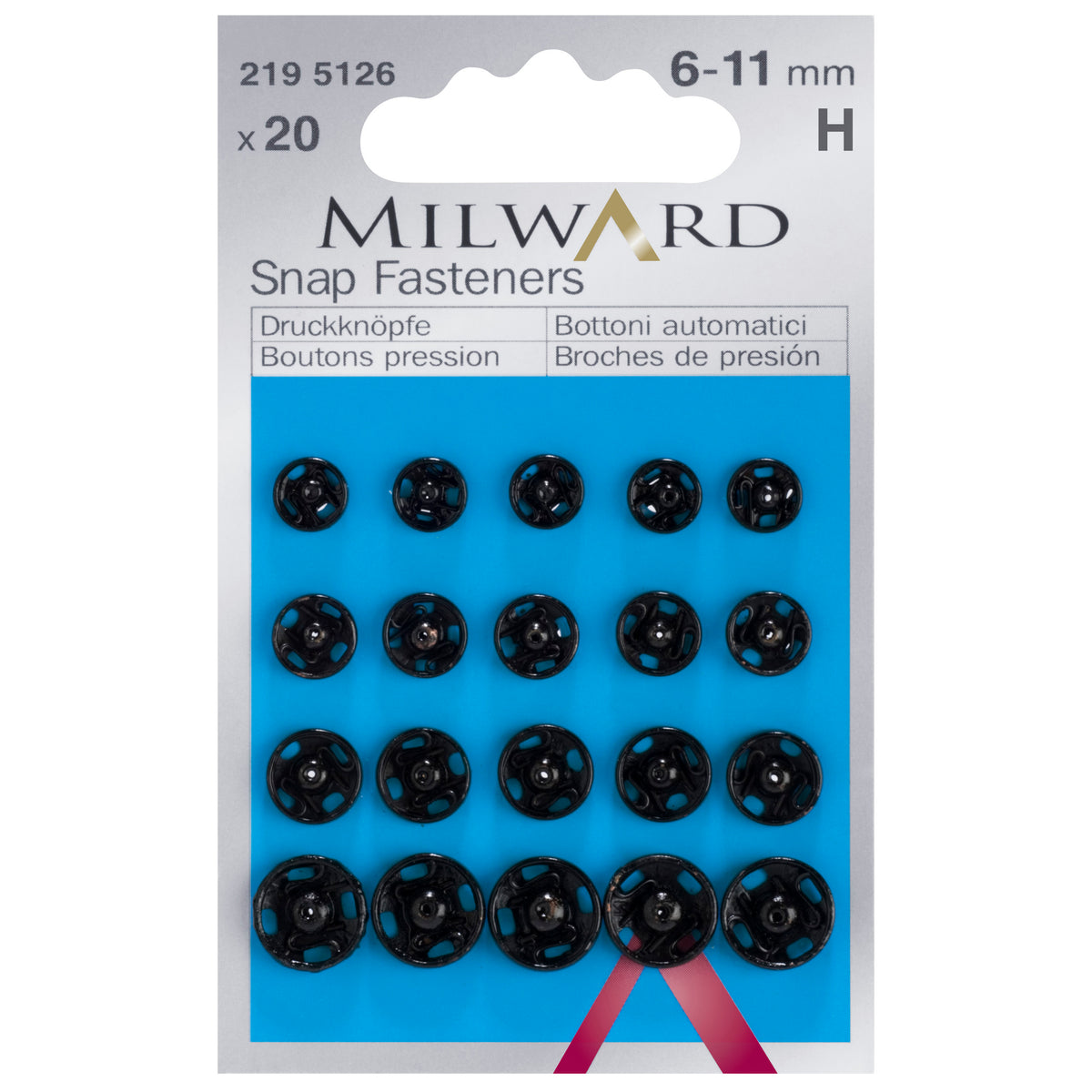 Pack of 20 black sew-on snap fasteners, assorted 6-11mm on a Milward card