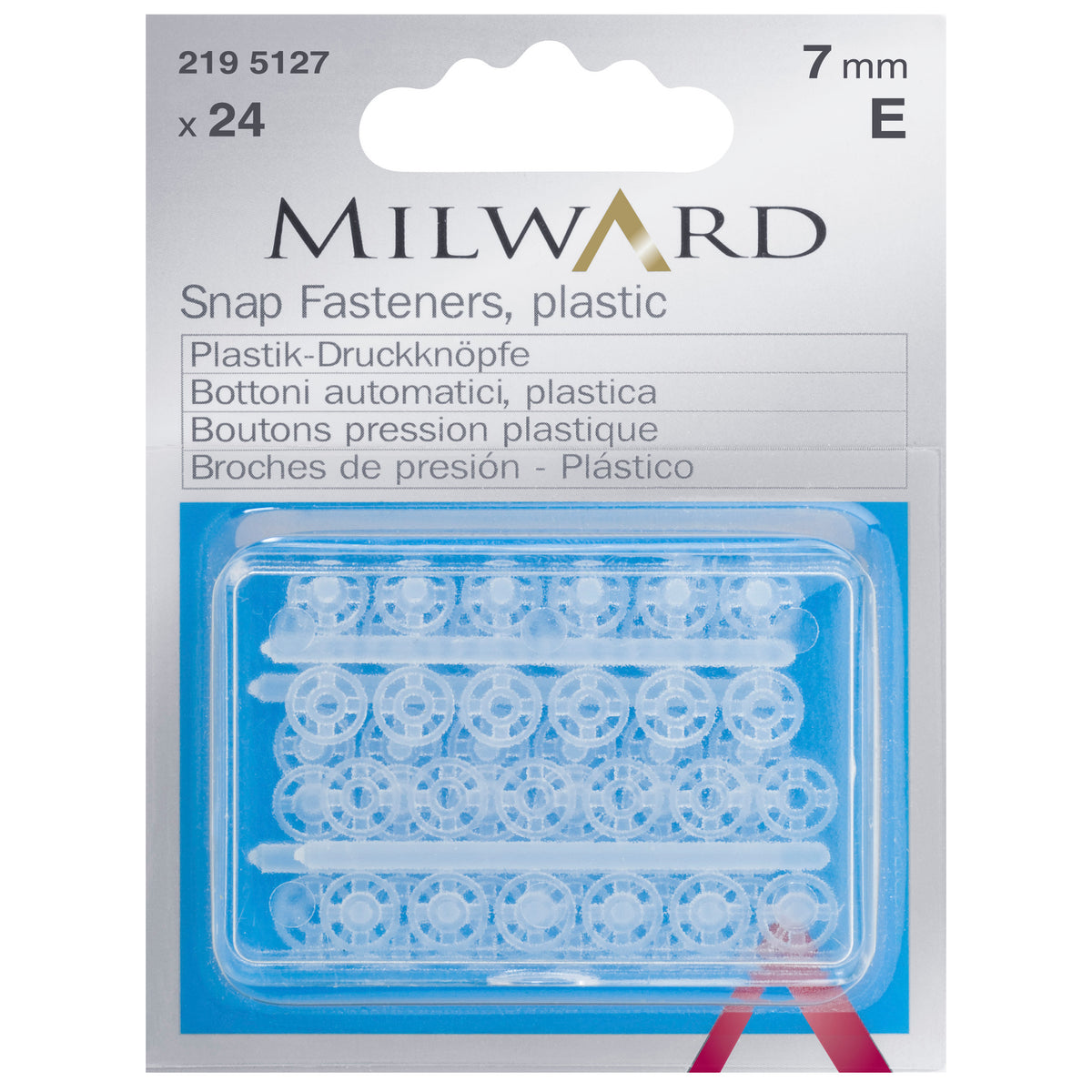 Pack of 24 transparent plastic sew-on snap fasteners, 7mm on a Milward card