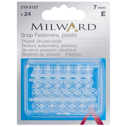 Pack of 24 transparent plastic sew-on snap fasteners, 7mm on a Milward card
