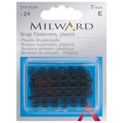 Pack of 24 black plastic sew-on snap fasteners, 7mm on a Milward card