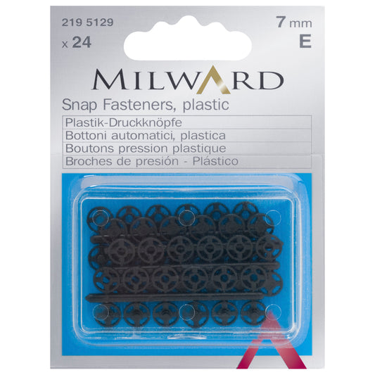 Pack of 24 black plastic sew-on snap fasteners, 7mm on a Milward card