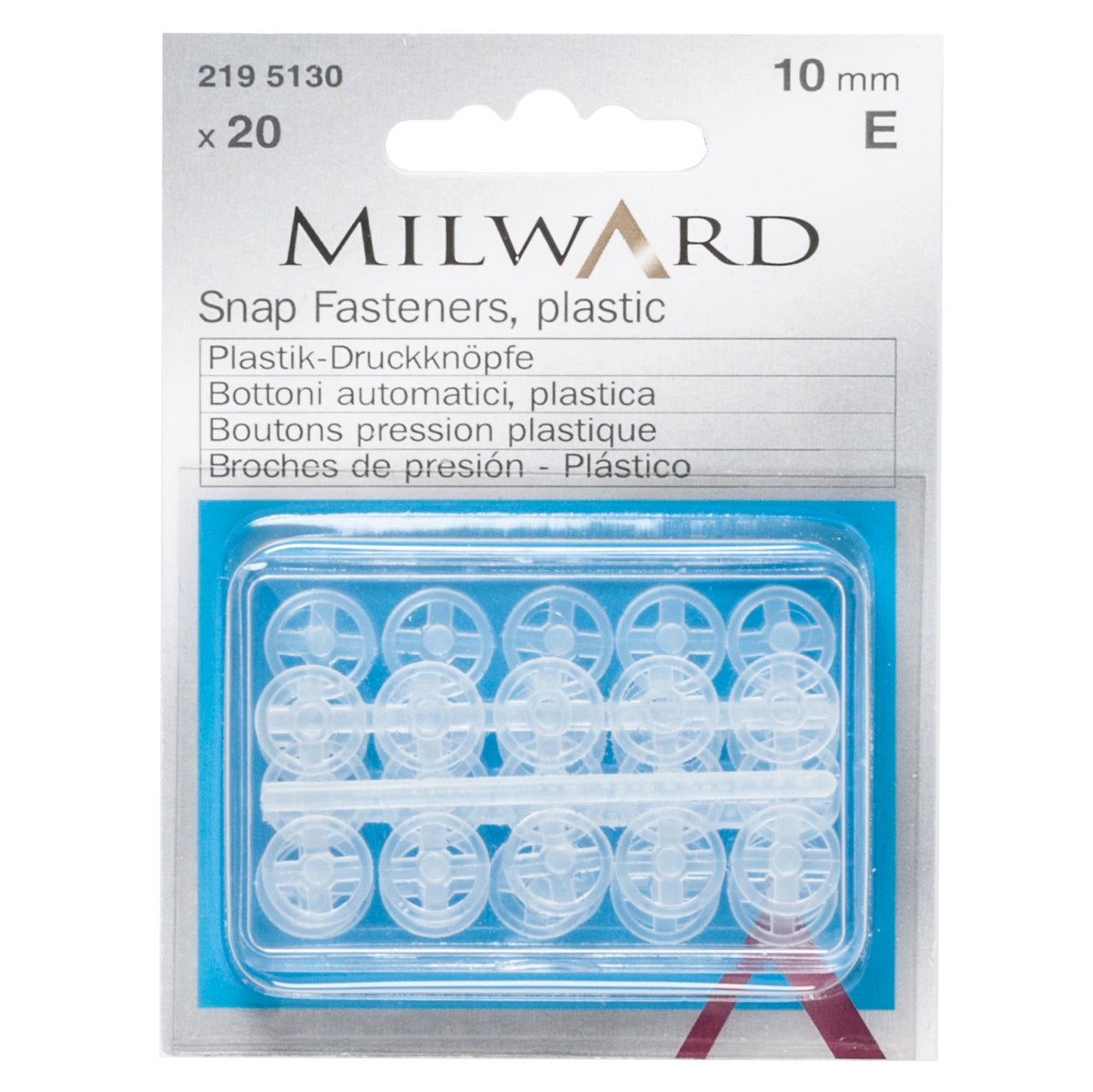 Pack of 20 transparent plastic sew-on snap fasteners, 10mm on a Milward card