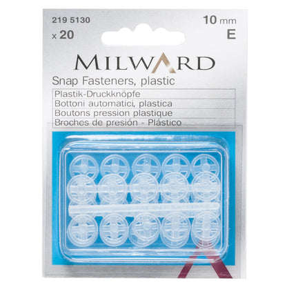 Pack of 20 transparent plastic sew-on snap fasteners, 10mm on a Milward card