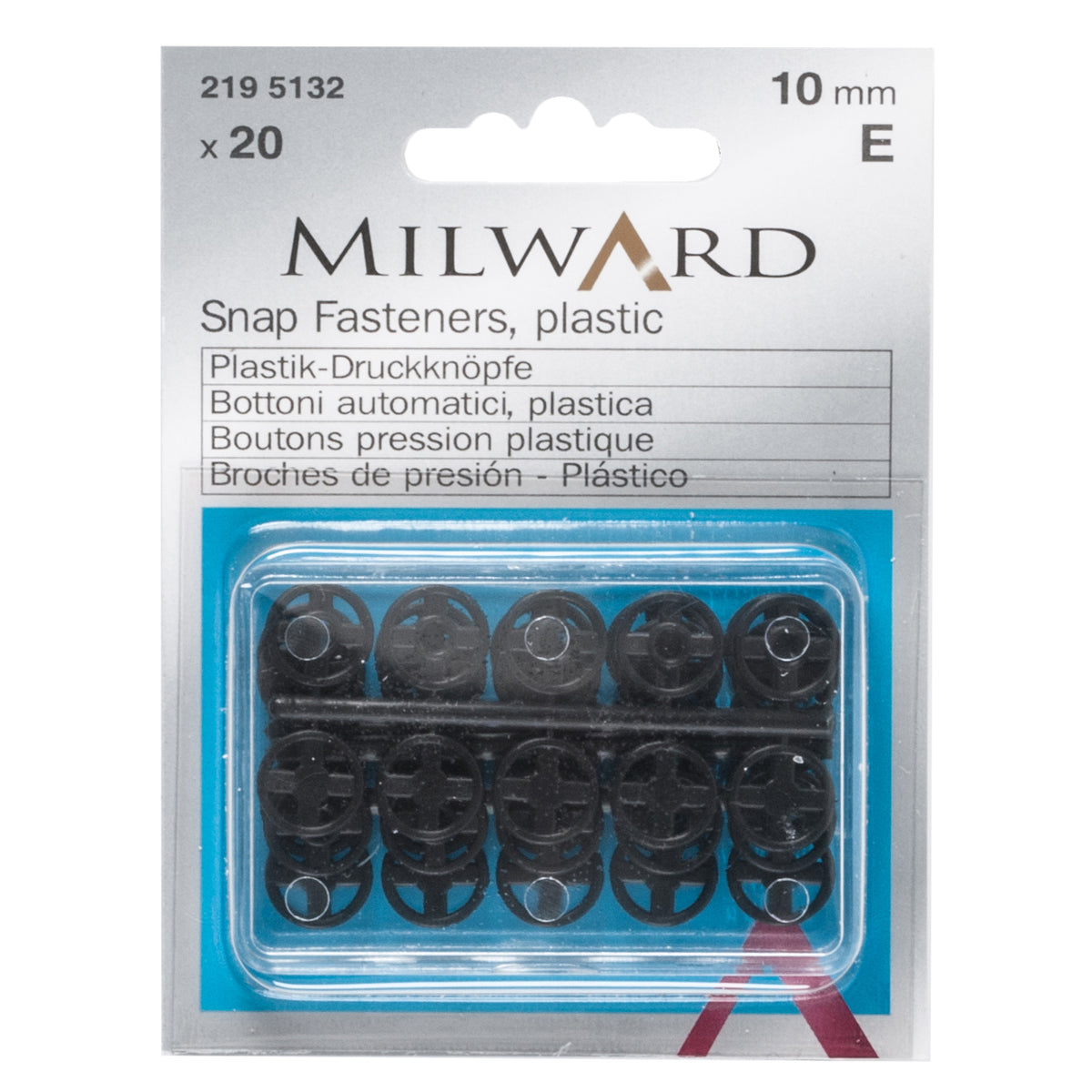 Pack of 20 black plastic sew-on snap fasteners, 10mm on a Milward card