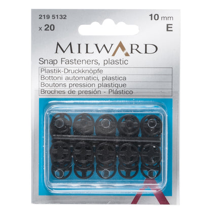 Pack of 20 black plastic sew-on snap fasteners, 10mm on a Milward card