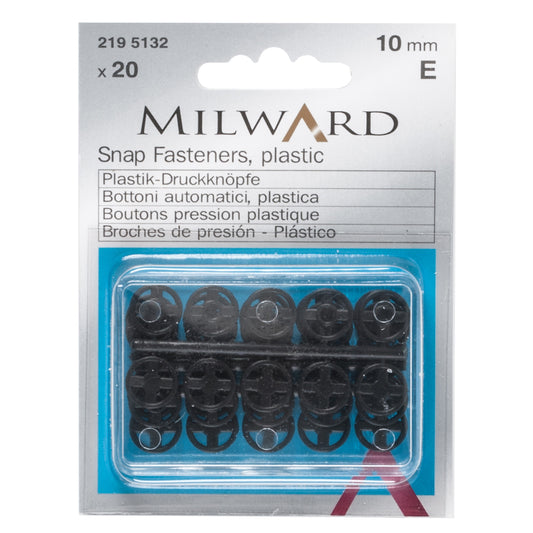 Pack of 20 black plastic sew-on snap fasteners, 10mm on a Milward card