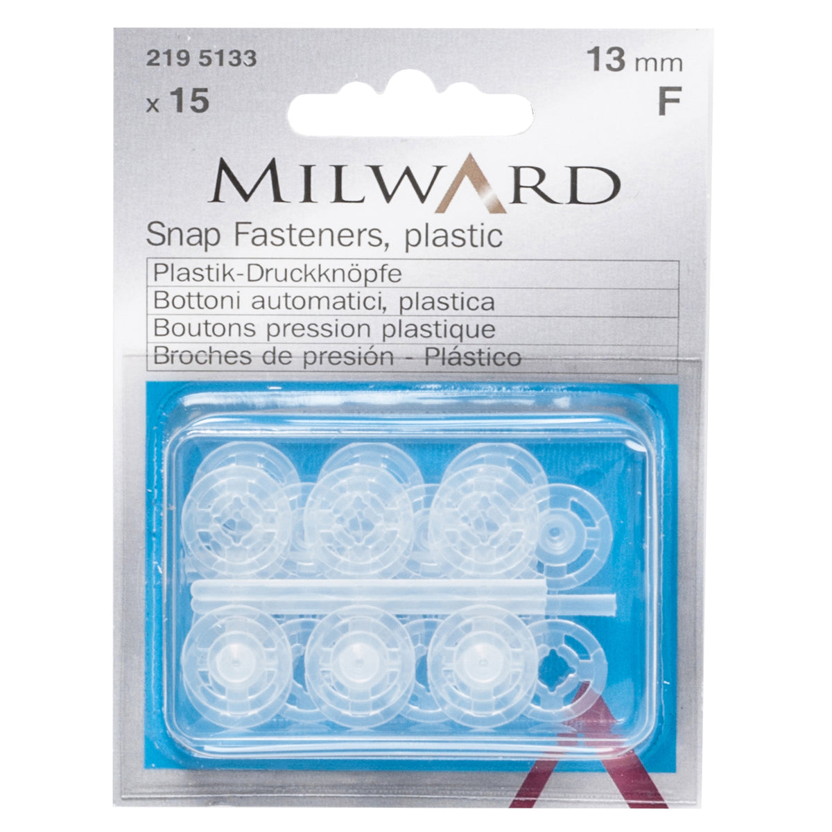 Pack of 15 transparent plastic sew-on snap fasteners, 13mm on a Milward card