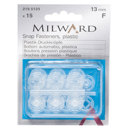Pack of 15 transparent plastic sew-on snap fasteners, 13mm on a Milward card