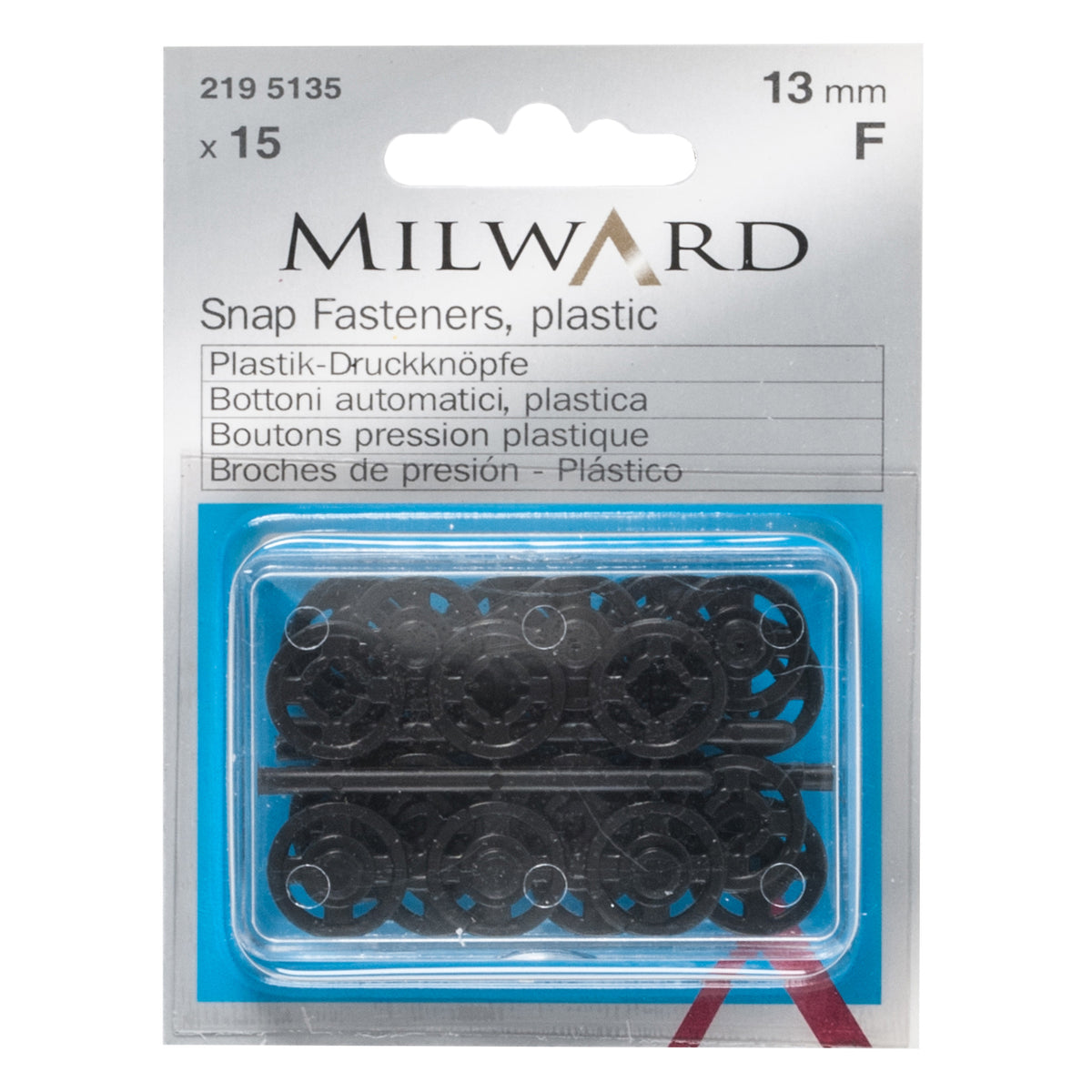 Pack of 15 black plastic sew-on snap fasteners, 13mm on a Milward card