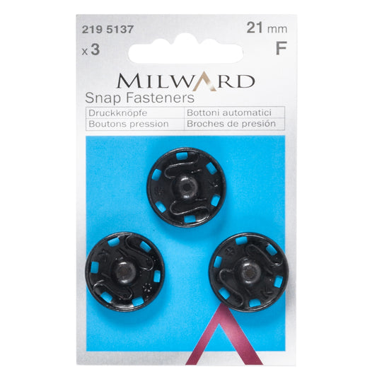 Pack of 3 black sew-on snap fasteners, 21mm on a Milward card