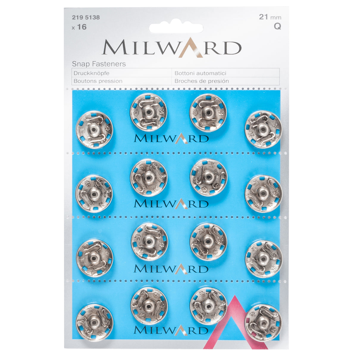 Pack of 16 silver sew-on snap fasteners, 21mm on a Milward card