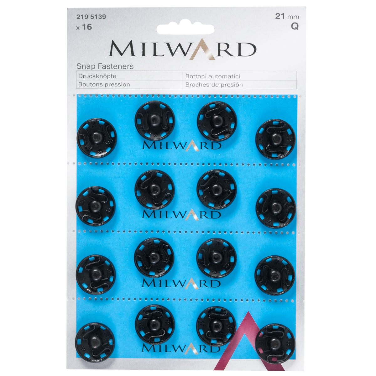 Pack of 16 black sew-on snap fasteners, 21mm on a Milward card