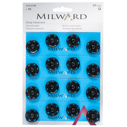 Pack of 16 black sew-on snap fasteners, 21mm on a Milward card