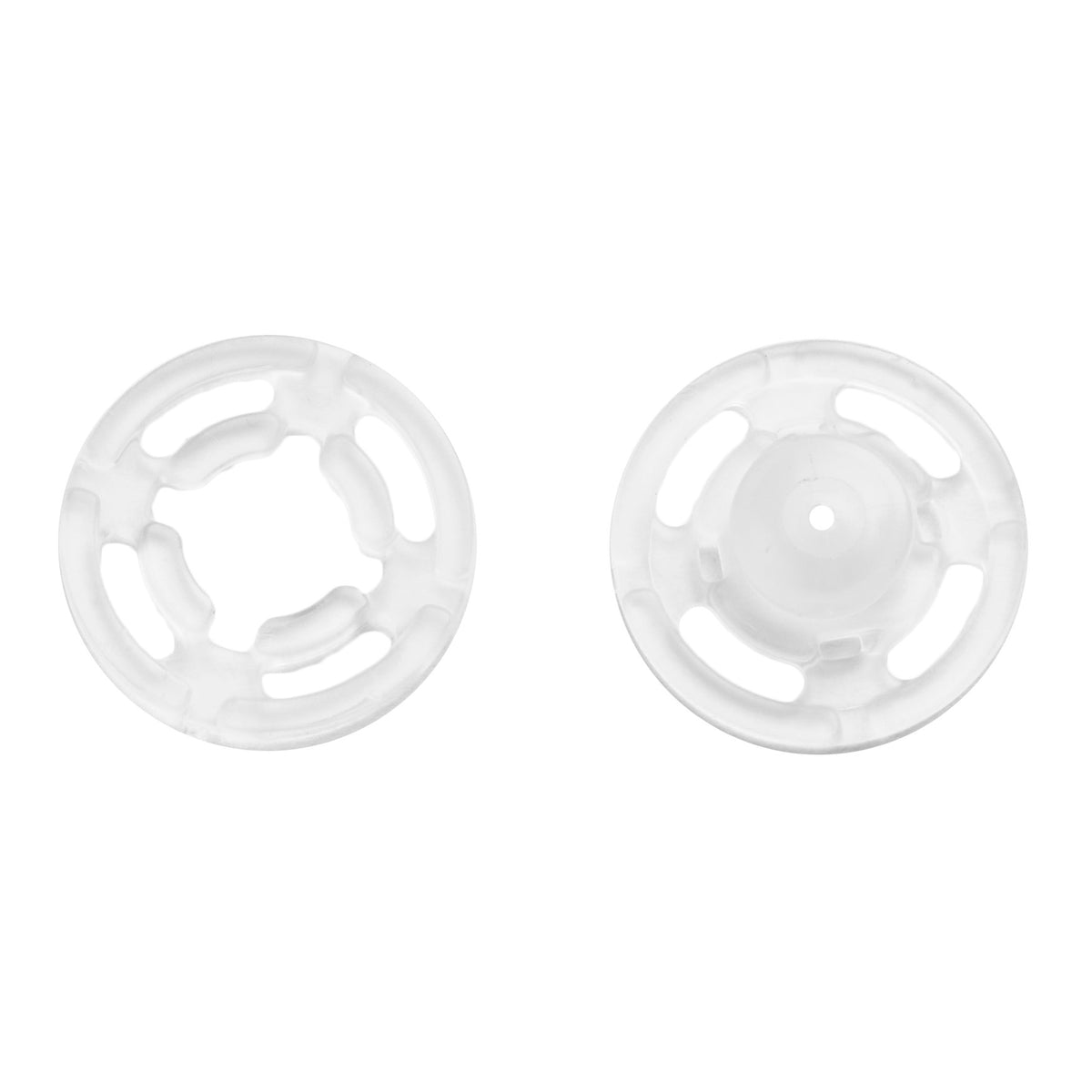 Pack of 12 transparent plastic sew-on snap fasteners, 15mm on a Milward card
