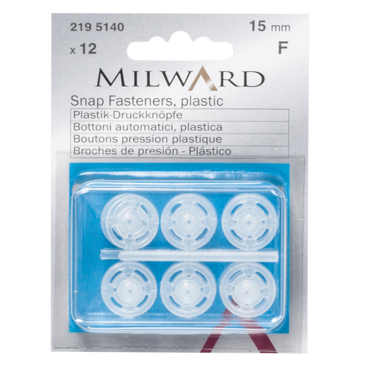 Pack of 12 transparent plastic sew-on snap fasteners, 15mm on a Milward card