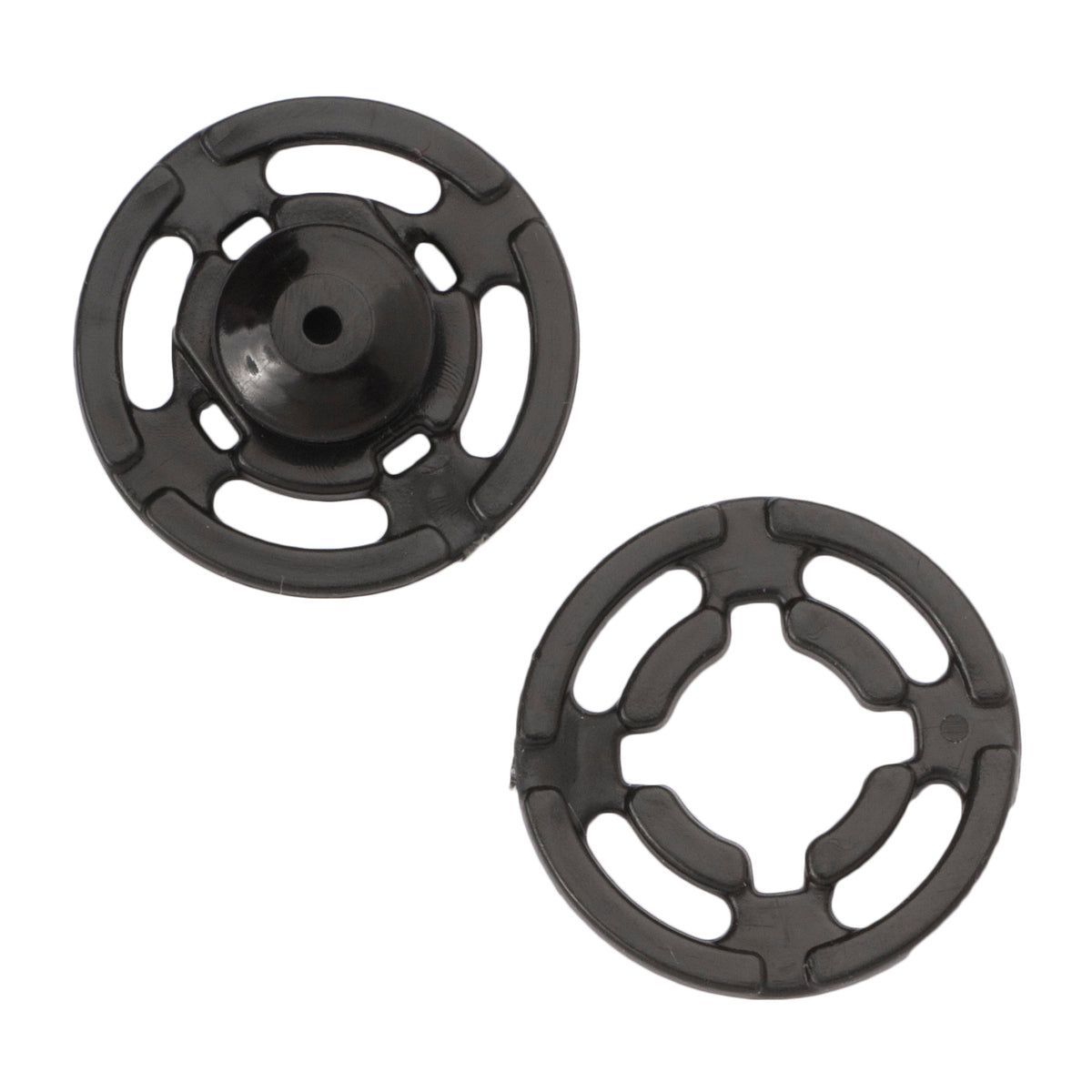 Pack of 12 black plastic sew-on snap fasteners, 15mm