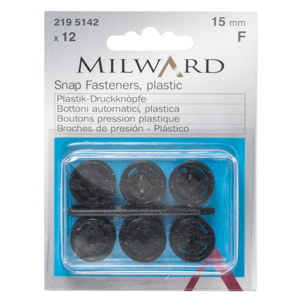 Pack of 12 black plastic sew-on snap fasteners, 15mm