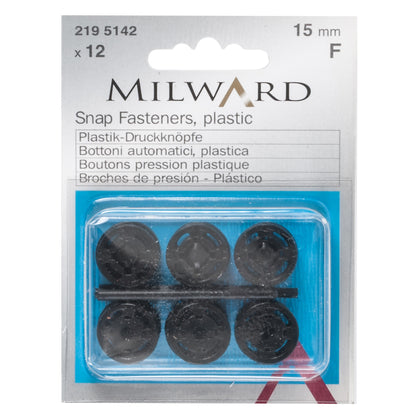 Pack of 12 black plastic sew-on snap fasteners, 15mm