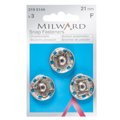 Pack of 3 silver sew-on snap fasteners, 21mm