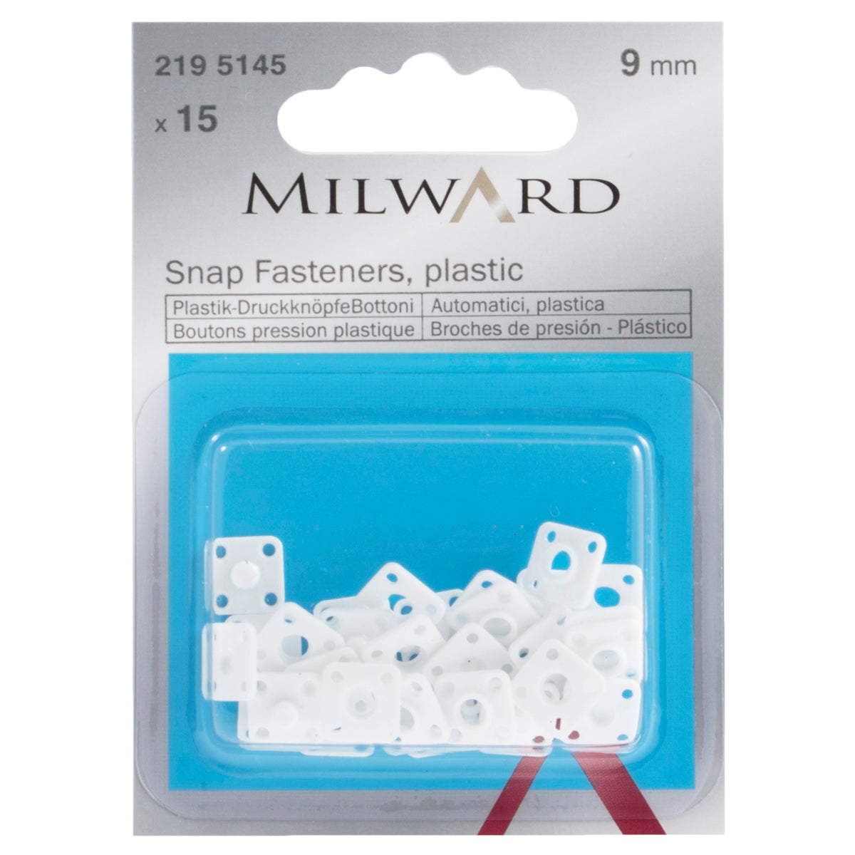 Pack of 15 small plastic sew-on snap fasteners, 9mm