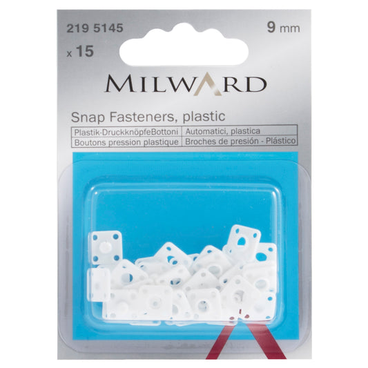 Pack of 15 small plastic sew-on snap fasteners, 9mm