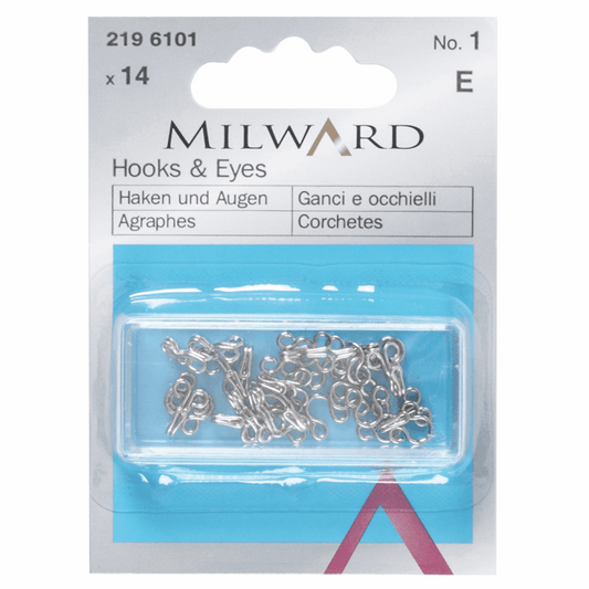 Milward Brass Silver Hooks & Eyes - Size No.1 (14 Pieces)