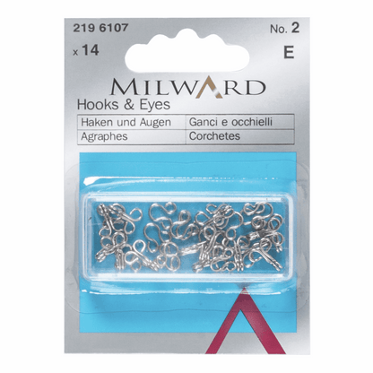 Milward Brass Silver Hooks & Eyes - Size No.2 (14 Pieces)