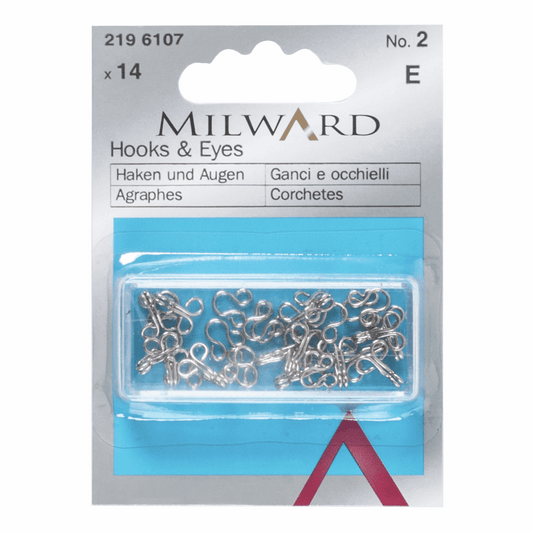 Milward Brass Silver Hooks & Eyes - Size No.2 (14 Pieces)