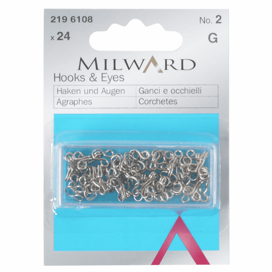 Milward Brass Silver Hooks & Eyes - Size No.2 (24 Pieces)