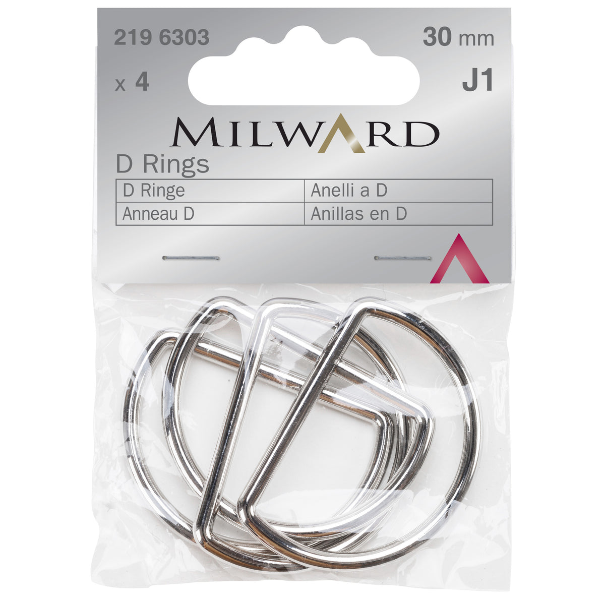 Four silver metal D rings, 30mm