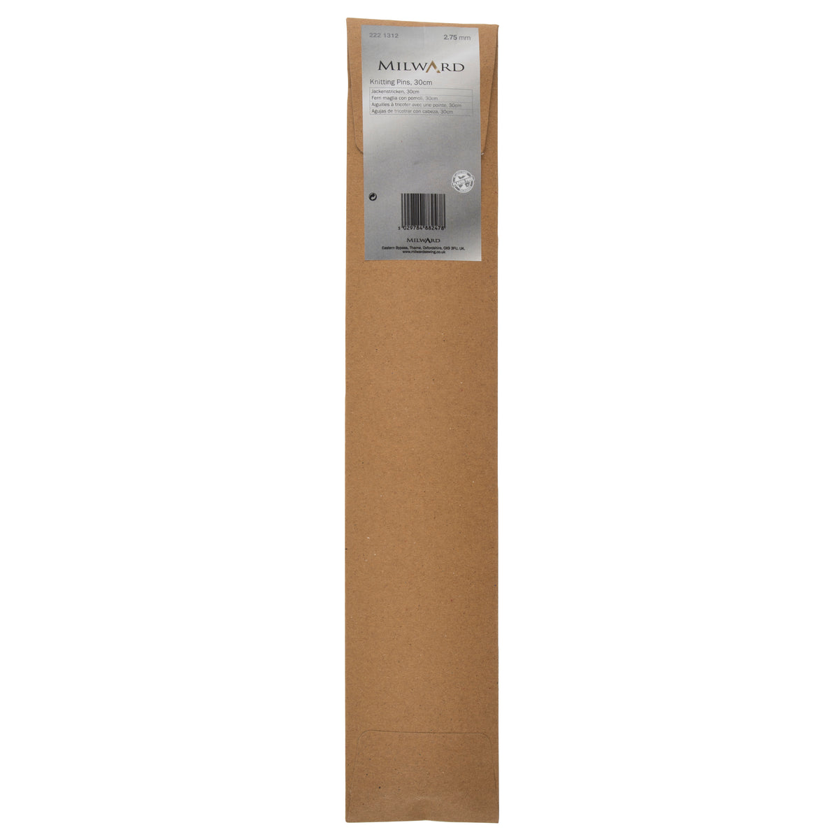 Milward 2.75mm aluminium knitting pins, 30cm, in a brown paper wrap
