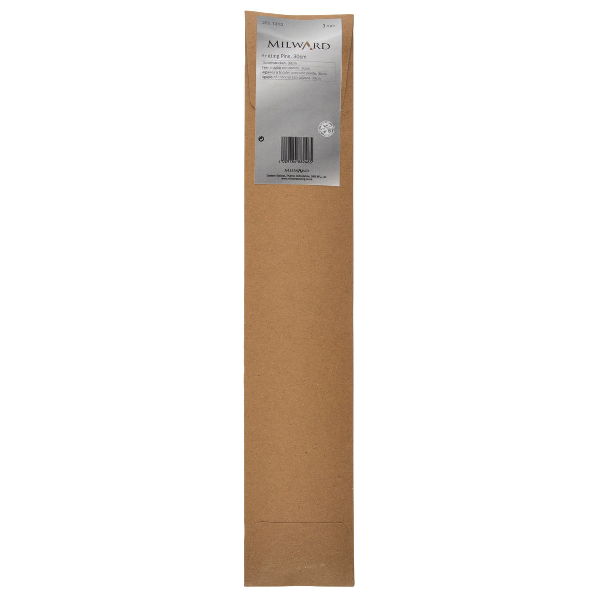 Milward 3.0mm aluminium knitting pins, 30cm, in a brown paper wrap