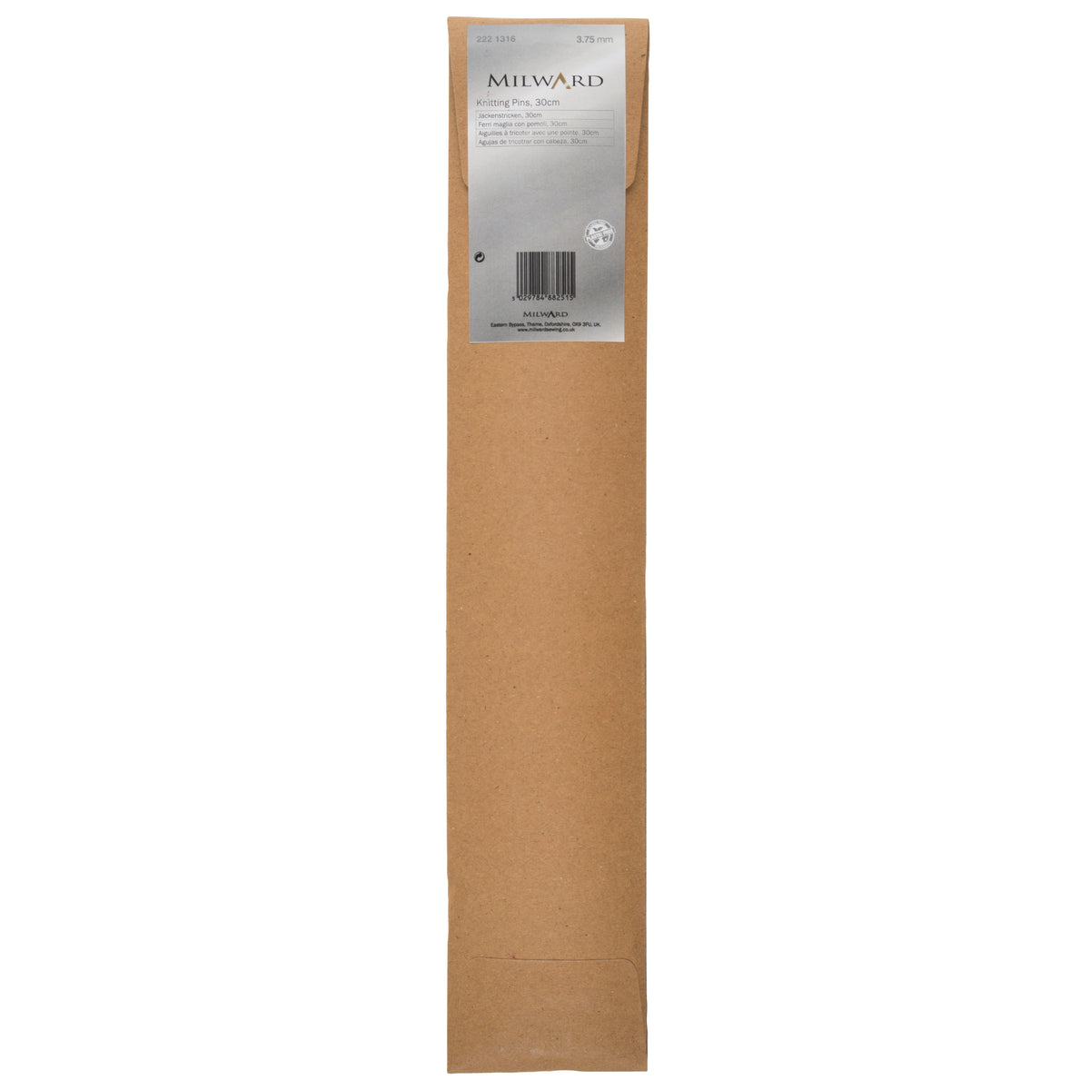 Milward 3.75mm aluminium knitting pins, 30cm, in a brown paper wrap